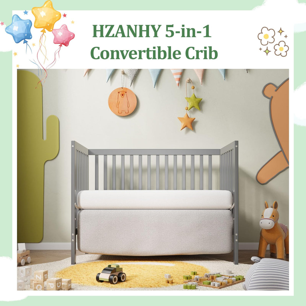 5-in-1 Convertible Crib, Baby Crib, Converts from Baby Crib to Toddler Bed, Daybed and Full-Size Bed Frame,