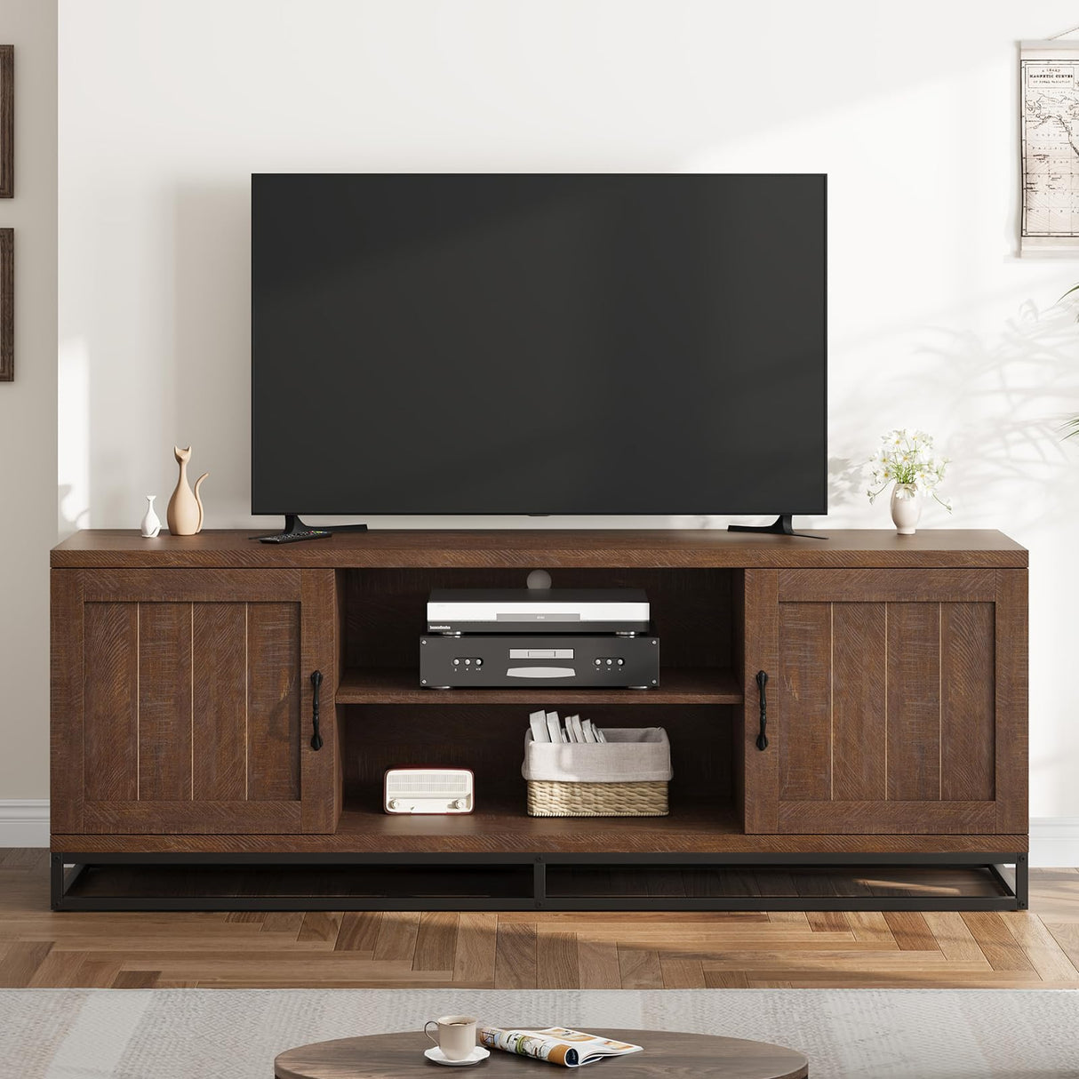Farmhouse TV Stand for 75-Inch TVs - Walnut Entertainment Center