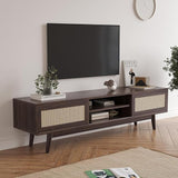 75+ Inch TV, Mid Century Modern Entertainment Center with Natural Rattan Door, Storage