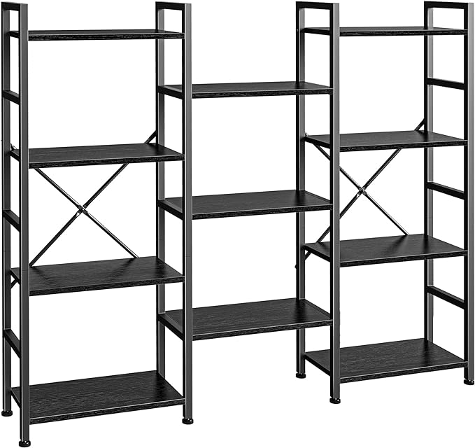 Triple 4 Tier Bookshelf, Bookcase with 11 Open Display Shelves