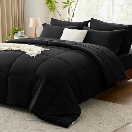 Queen Comforter Set - 7 Pieces Bed in a Bag Set Black Queen, Complete Bedding Sets