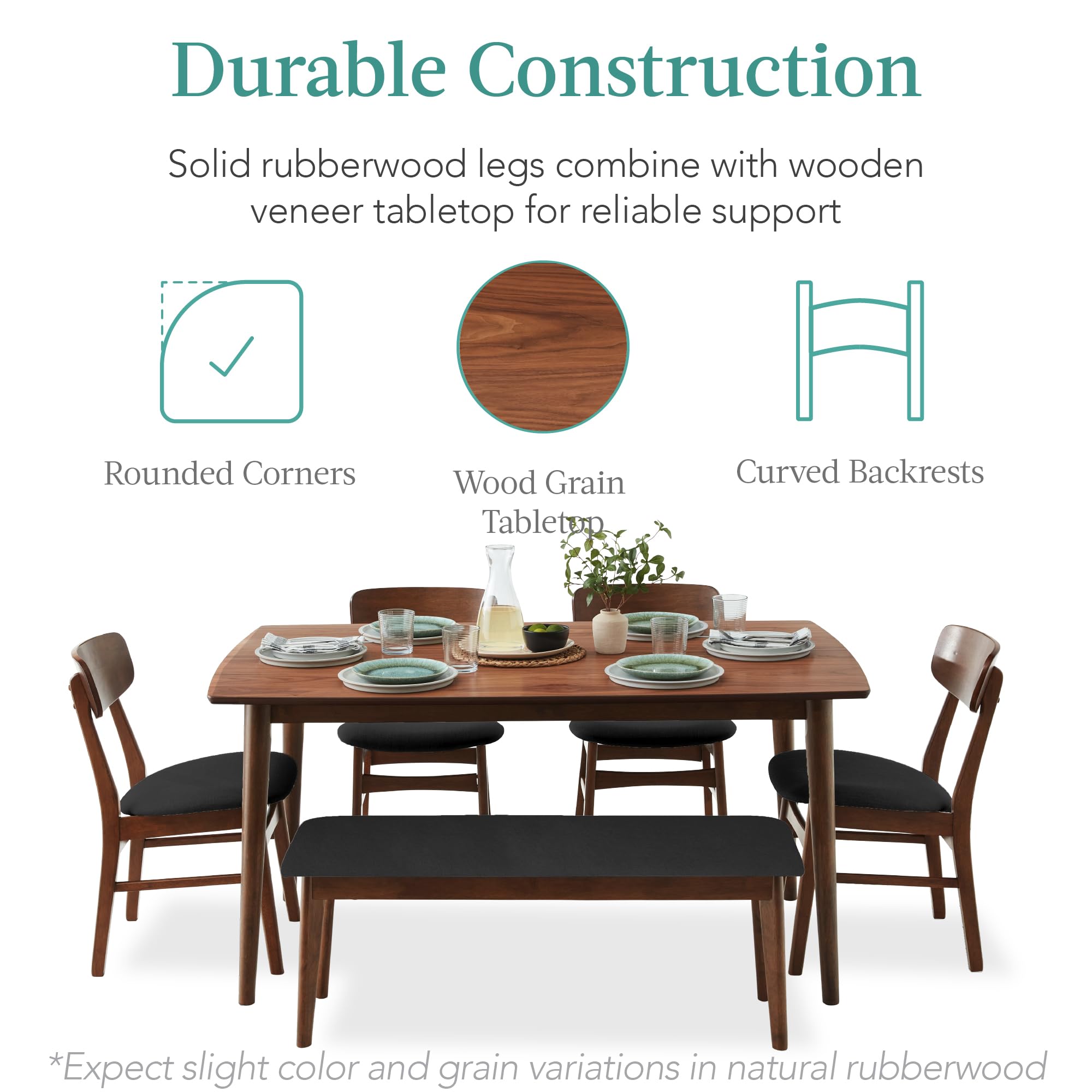 6-Piece Wooden Dining Set with Bench