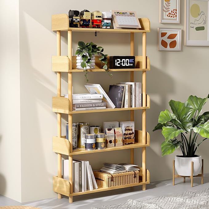 Wooden Open Bookshelf, Modern Display Shelf with Standing Storage Rack, Multifunctional Bookcase for Home and Office, Living Room, Bedroom, Library (Oak, 5-Tier)