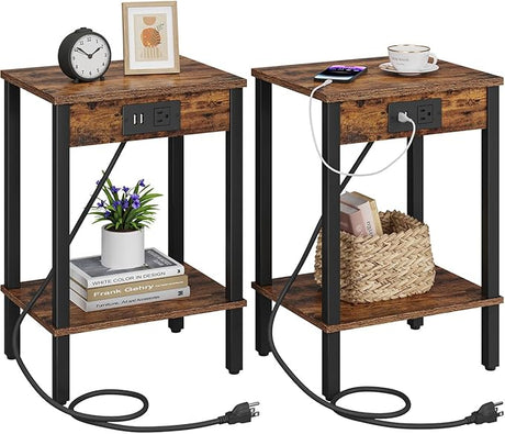 Set of 2 End Table with Charging Station, Narrow Side Table with USB Ports and Outlets,