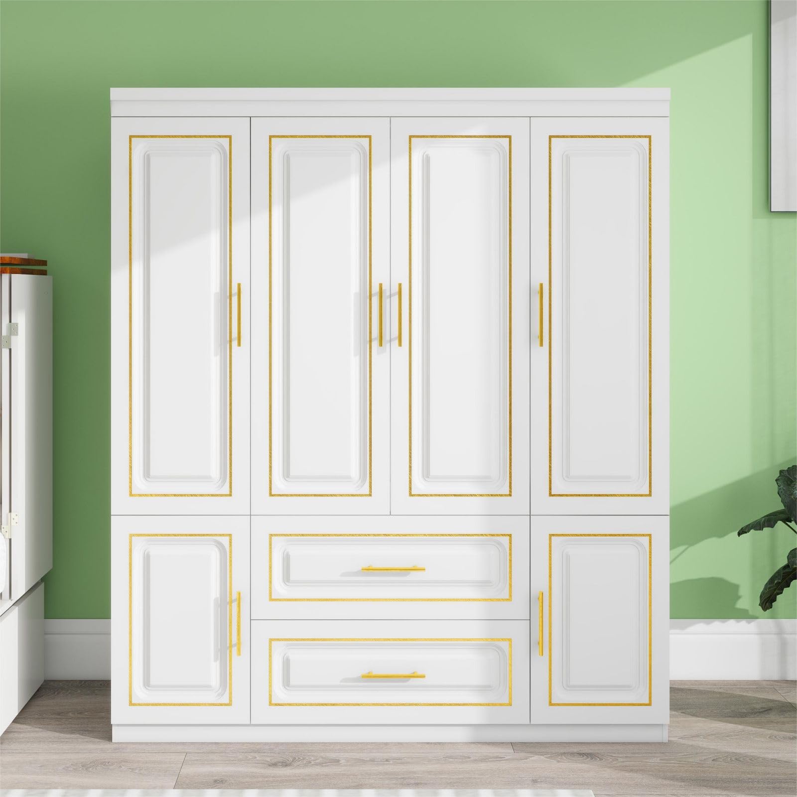 TemkTuek 2-Door Armoire Wardrobe Closet, White Wood Bedroom Storage Organizer with Hanging Rod, Double Doors, and Drawers, Wardrobe Closet with Doors, Closet Organizers and Storage, 32"x71"x19"