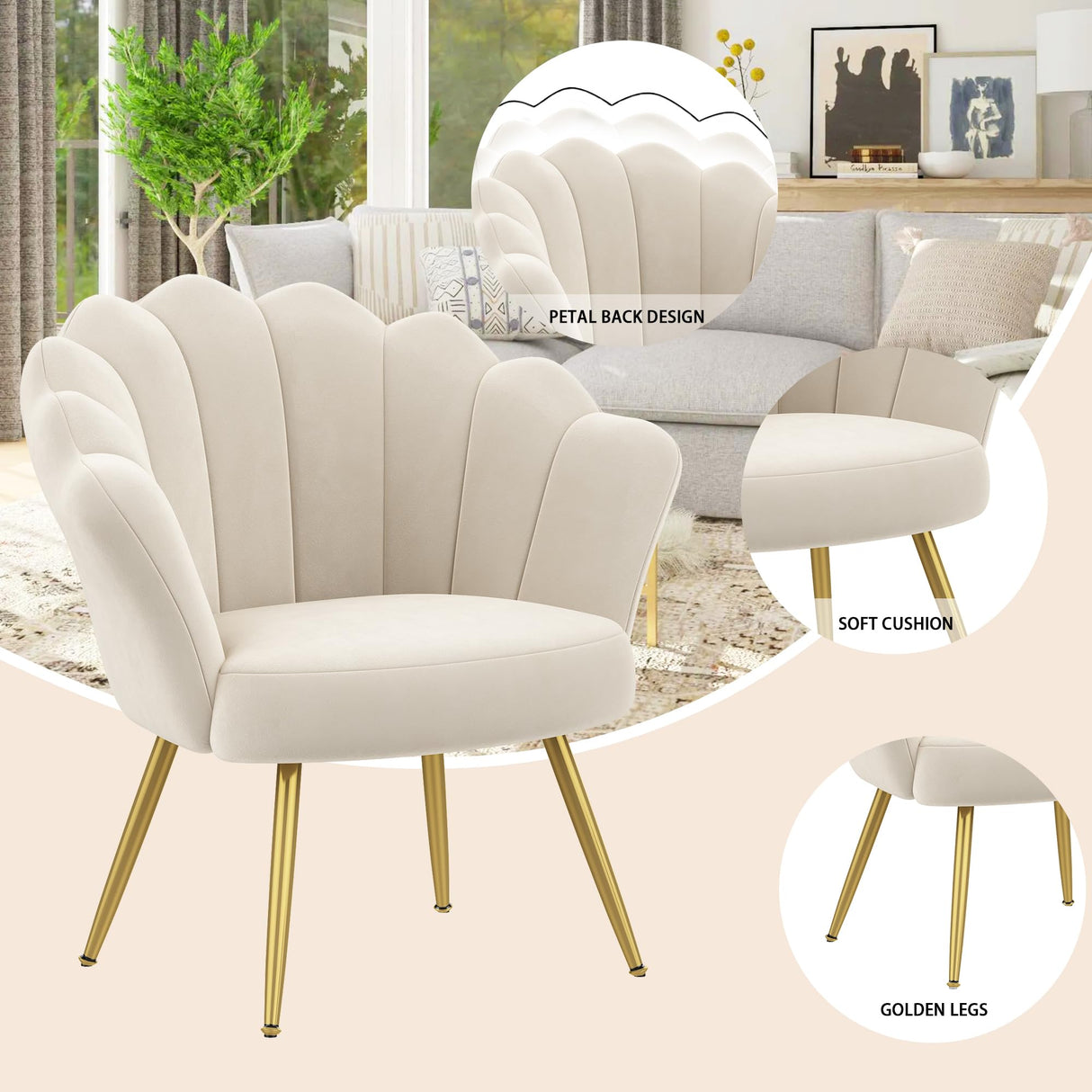 velvet Living Room Chair Accent Chairs, Upholstered Vanity Chair for Makeup Room, Modern Barrel Arm Chair Guest Leisure Chair Comfy for Bedroom-Ivory