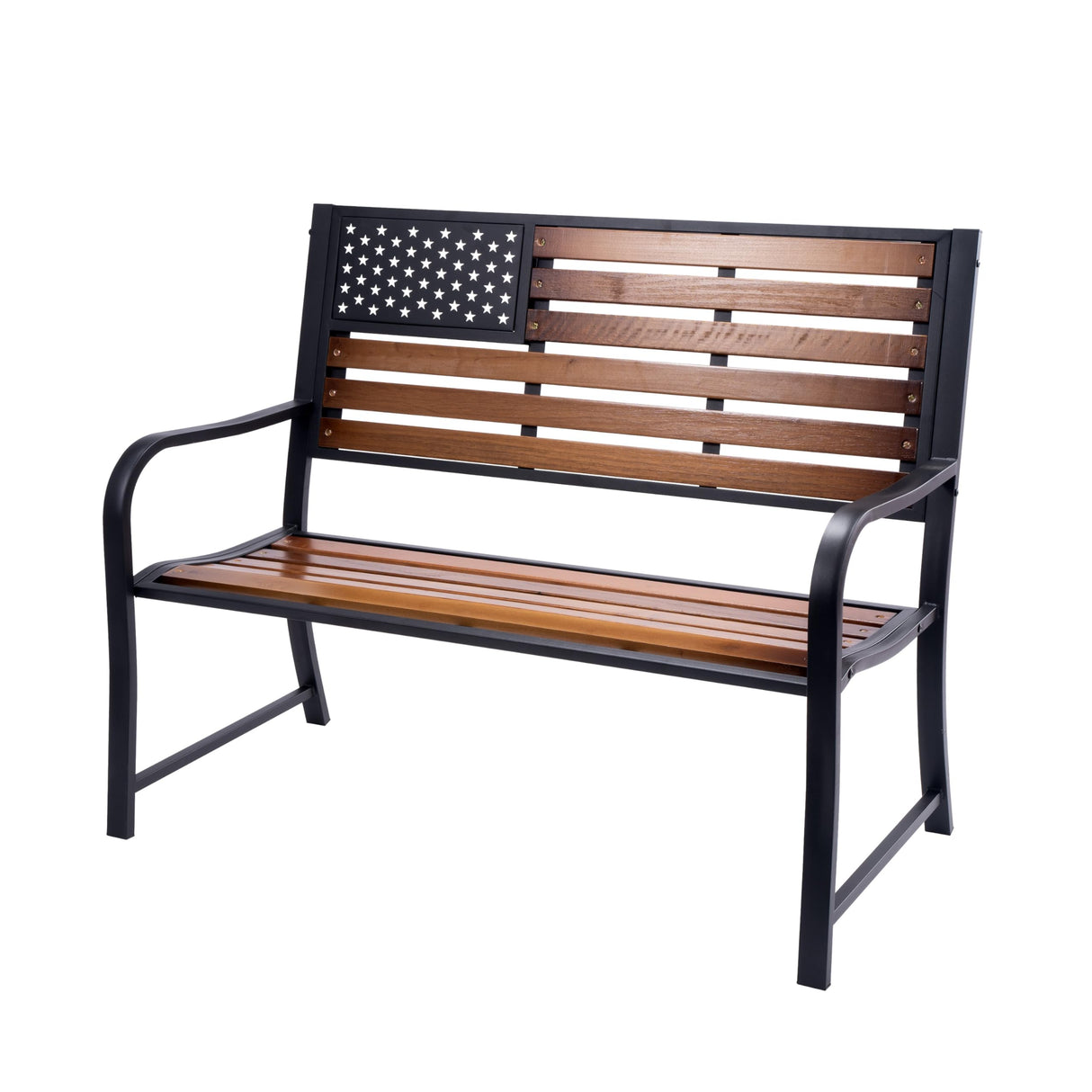 Metal American Flag Patio/Porch Bench with Wooden Slats - 46" Width, 24" Deep Seat