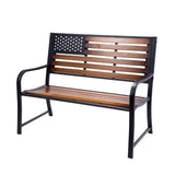 Metal American Flag Patio/Porch Bench with Wooden Slats - 46" Width, 24" Deep Seat