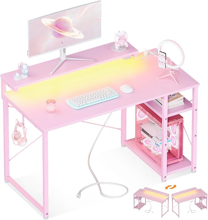 Small Computer Desk with Led Lights & Power Outlet, 40 Inch Reversible Writing Desk