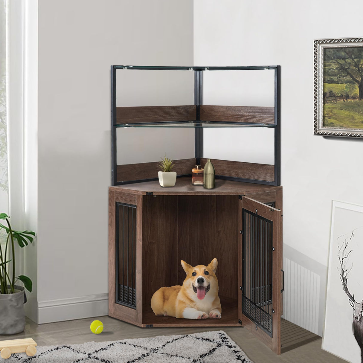 Small Corner Dog Crate Furniture with Glass Shelves