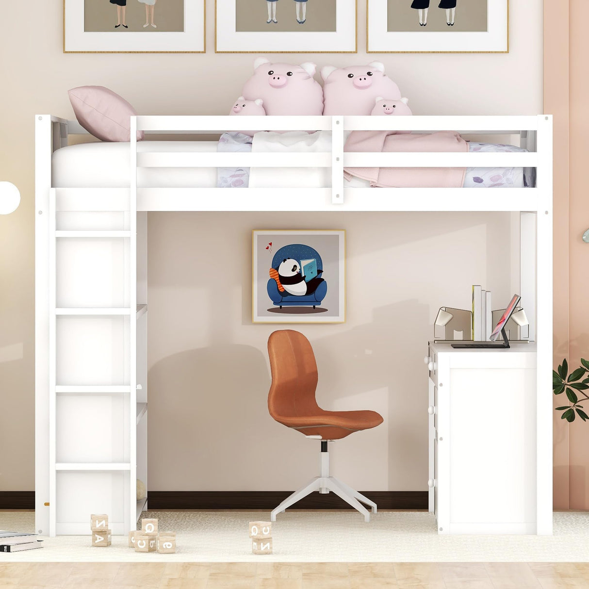 Twin Loft Bed with Desk and Four Storage Shelves and 5 Drawers, Wood Loft Beds Frame