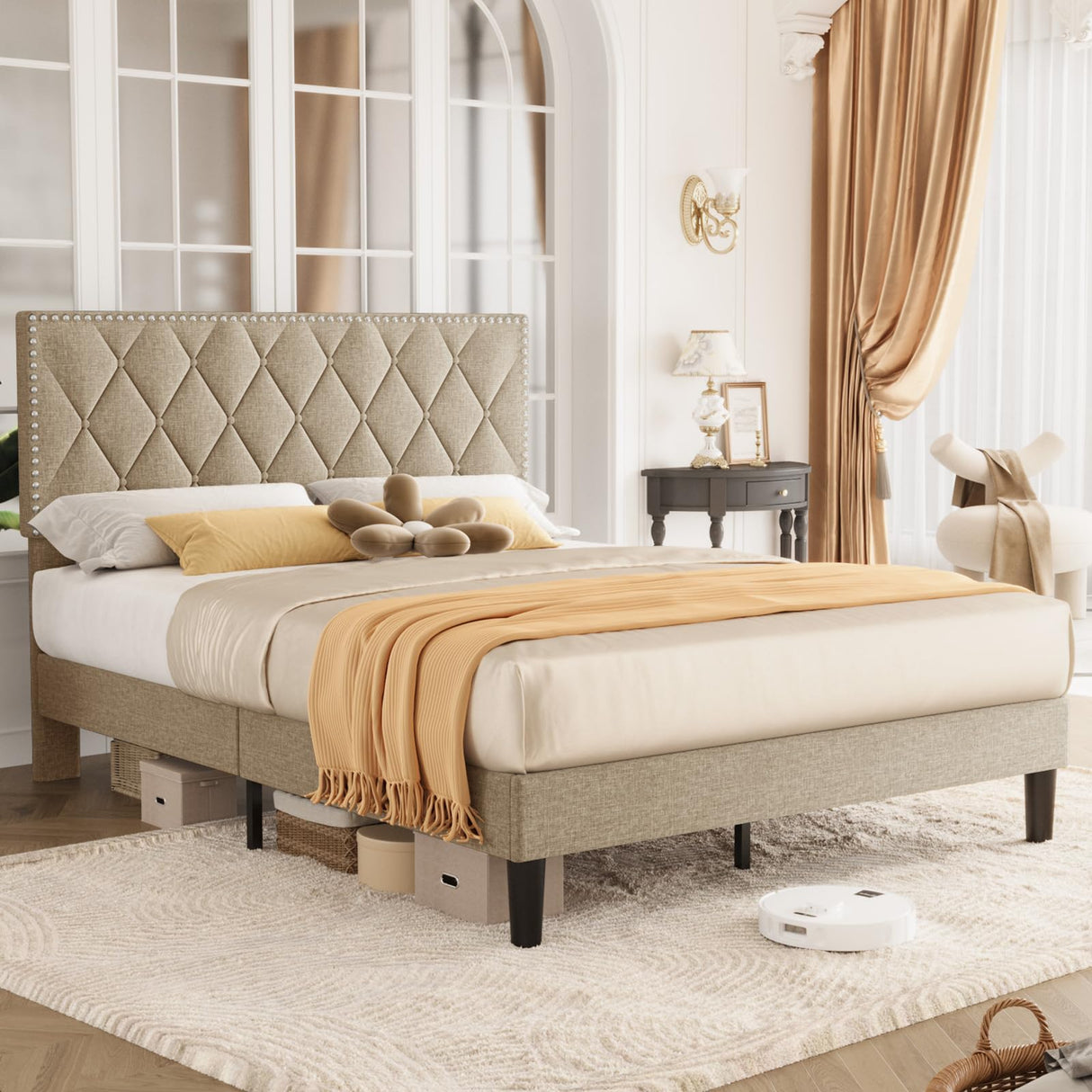 ONBRILL Full Size Platform Bed Frame with Upholstered Headboard, Bed Frame with Button Tufted Adjustable Headboard, Bed Frame with Strong Wooden Slat, No Box Spring Needed, Noiseless, Beige