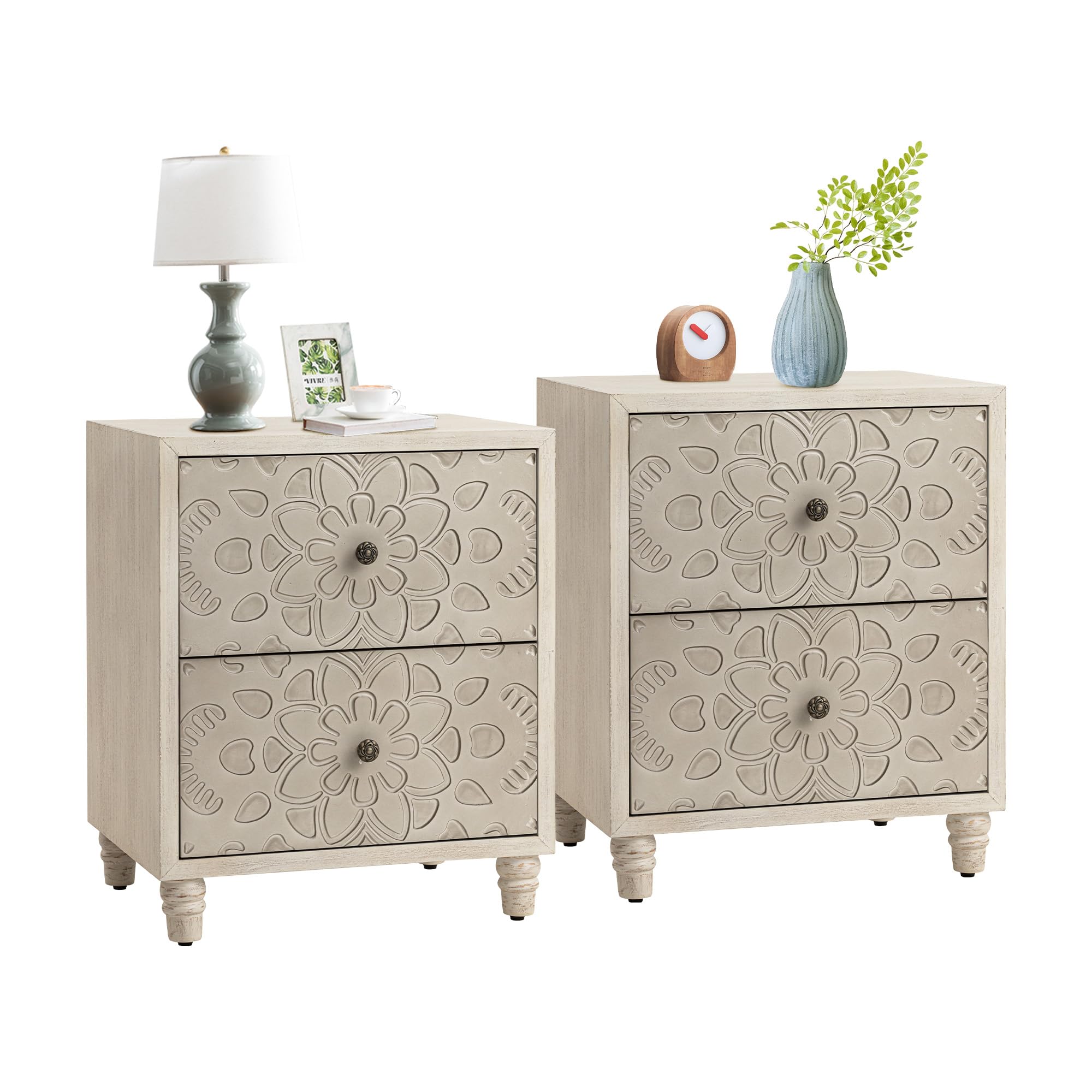 Nightstand Set of 2, End Table with 2 Drawers, Vintage Night Stand MDF Accent Table