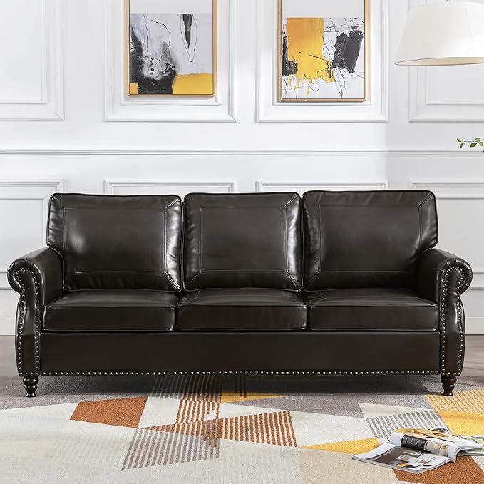 79'' Traditional Faux Leather Sofa Couch with Nailhead Trim, Classic 3-Seater Couch