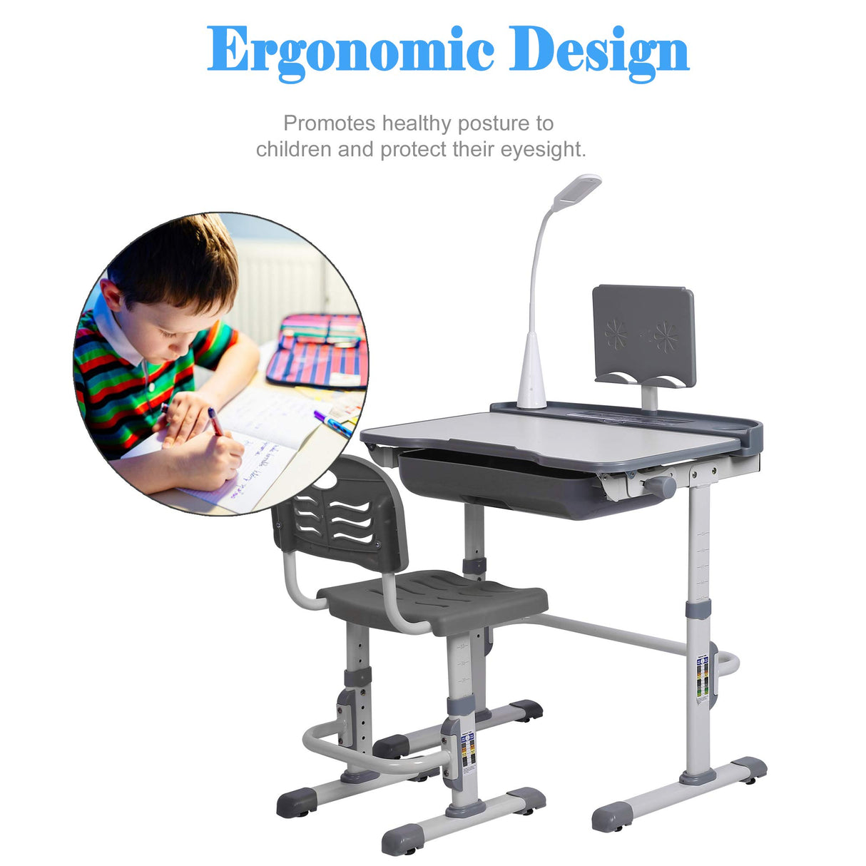 SMAGREHO Kids' Desk and Chair Set, Height Adjustable Child's School Study Writing Tables with Tilt Desktop, LED Light, Storage Drawer, Book Stand(Grey)