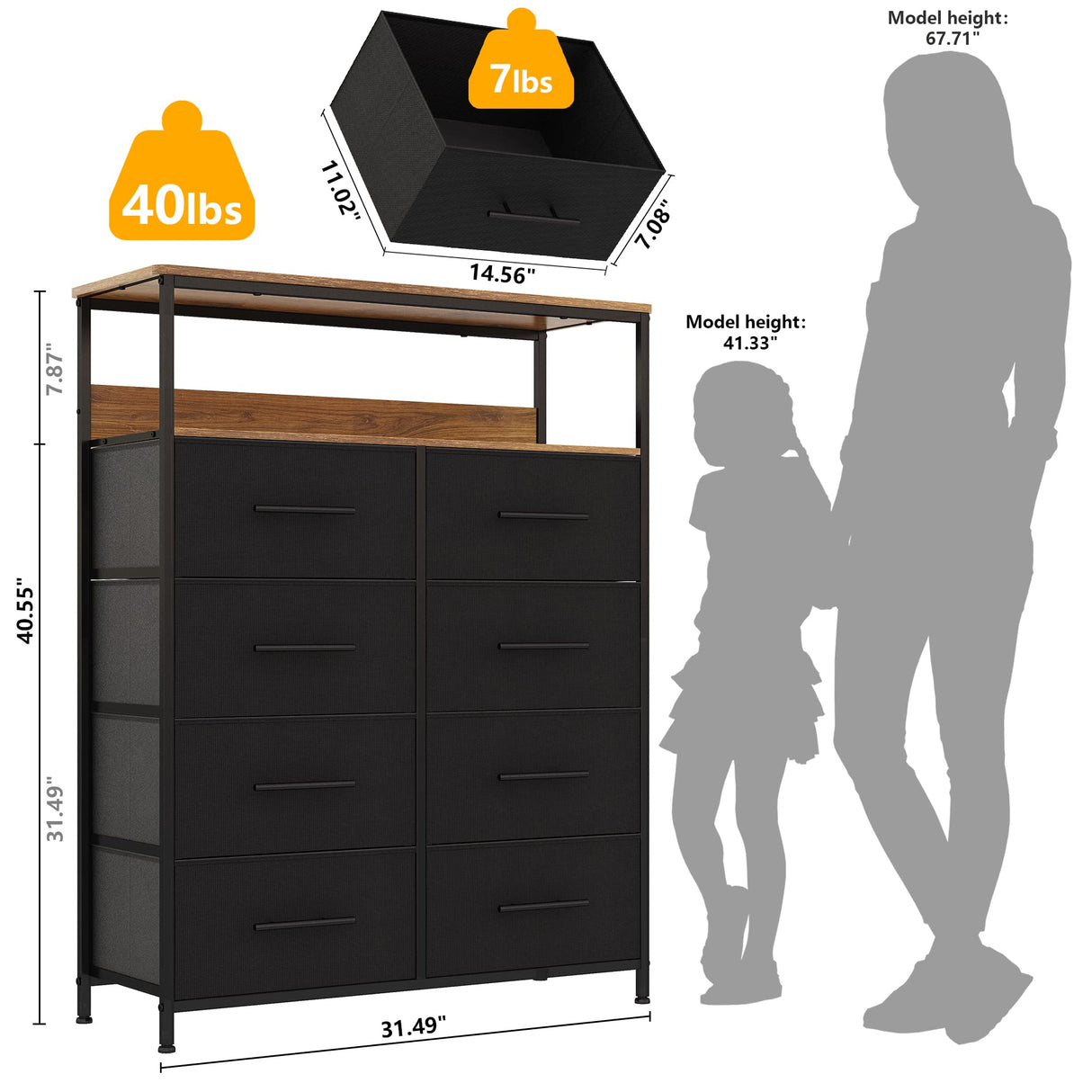 8 Drawer Dresser with 2-Layer Shelves, Chest of Drawers for Bedroom