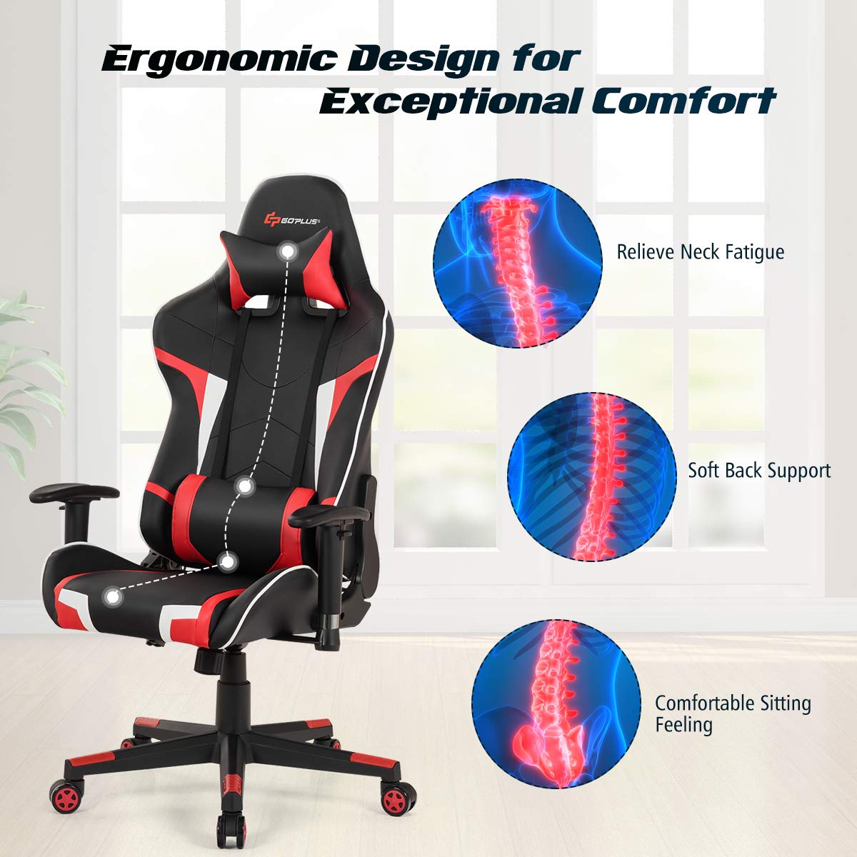 Ergonomic Gaming Chair with Massage Lumbar Support - Red PU Leather