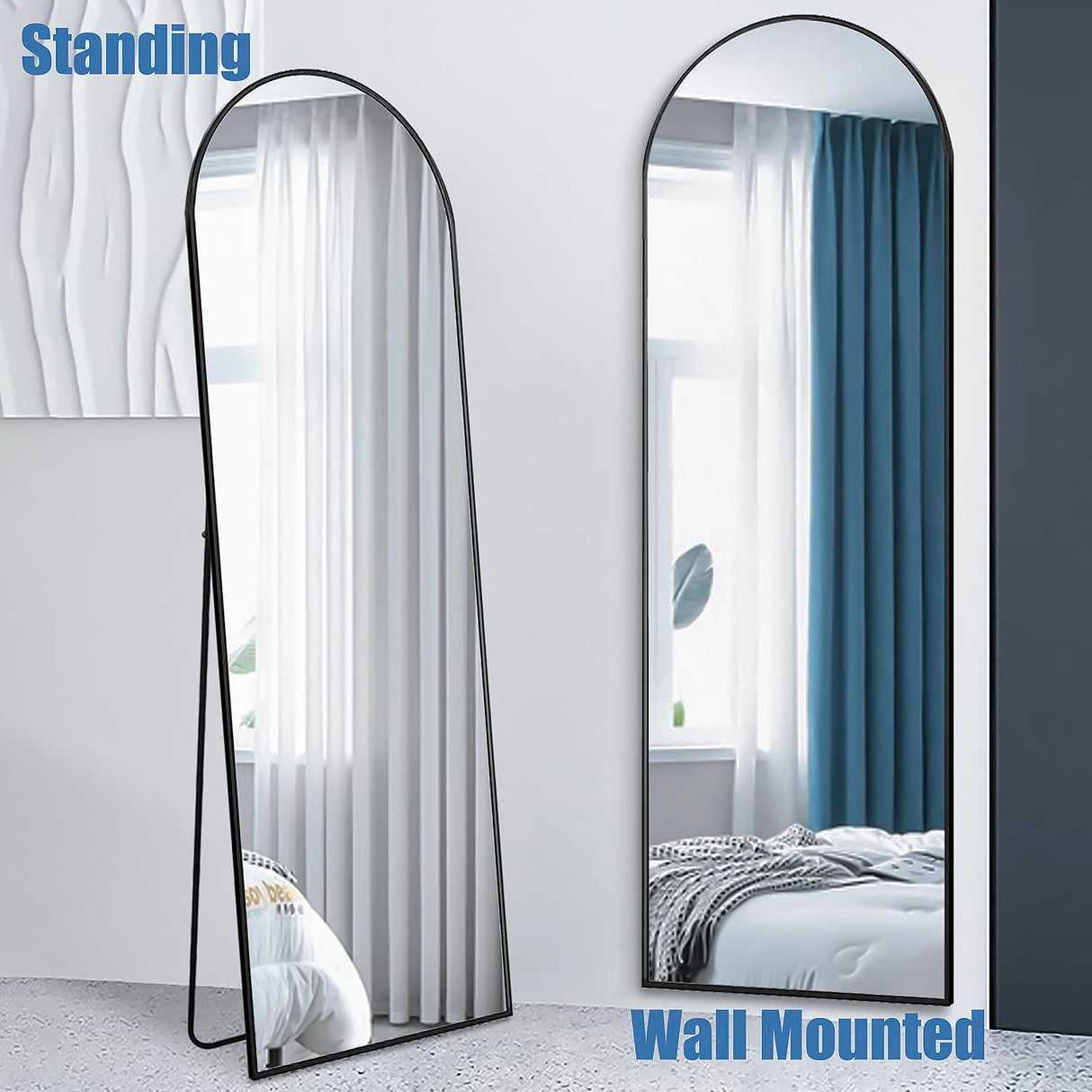 FINEWF 65x20 Mirror Rectangle Full Length Body Door Hanging Wall Mounted Aluminum Alloy Metal Frame HD Glass Dressing Make-up for Bedroom Living Room 65 inch Black