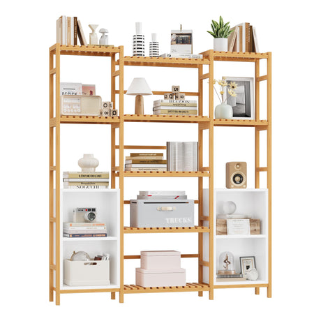 Bamboo Shelf Bookcase, Triple Wide Bookshelf with 4 Cubes & 9 Shelves, Large Bookshelf with Storage, Plant Shelf Bathroom Shelf Pantry Shelf Standing Organizer Unit, Natural