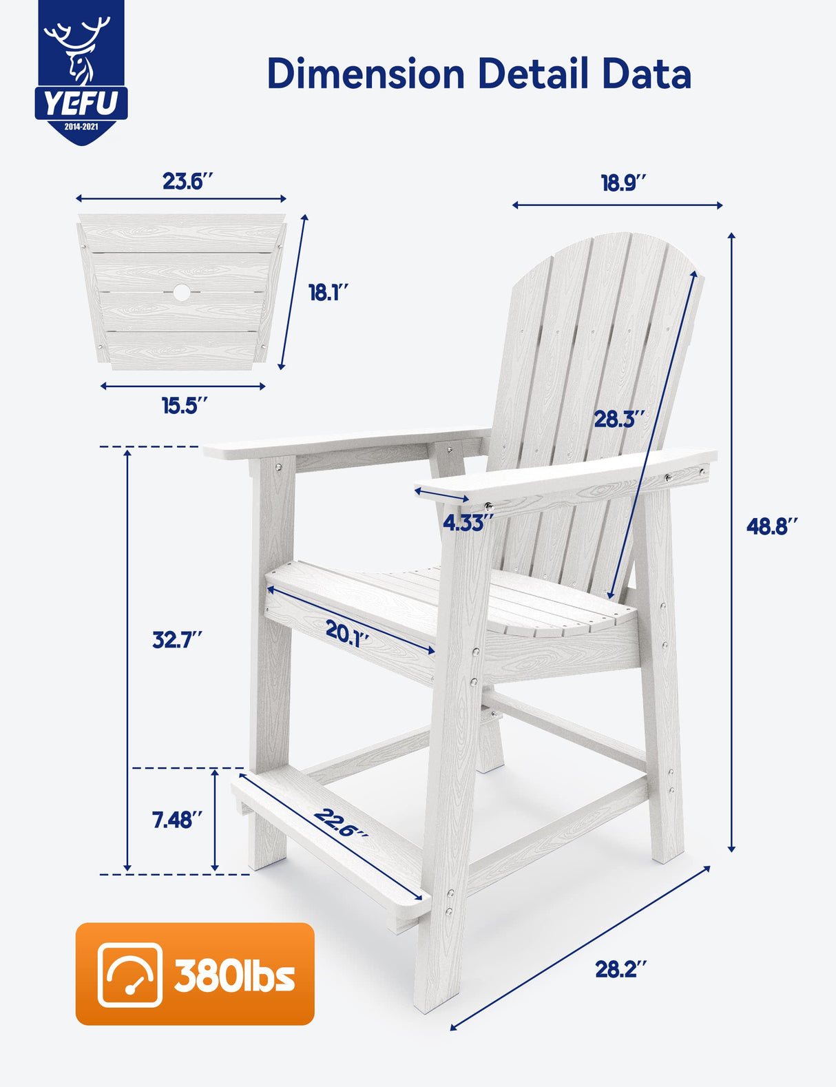 Balcony Chair, Tall Adirondack Chair Set of 2 with Connecting Tray,