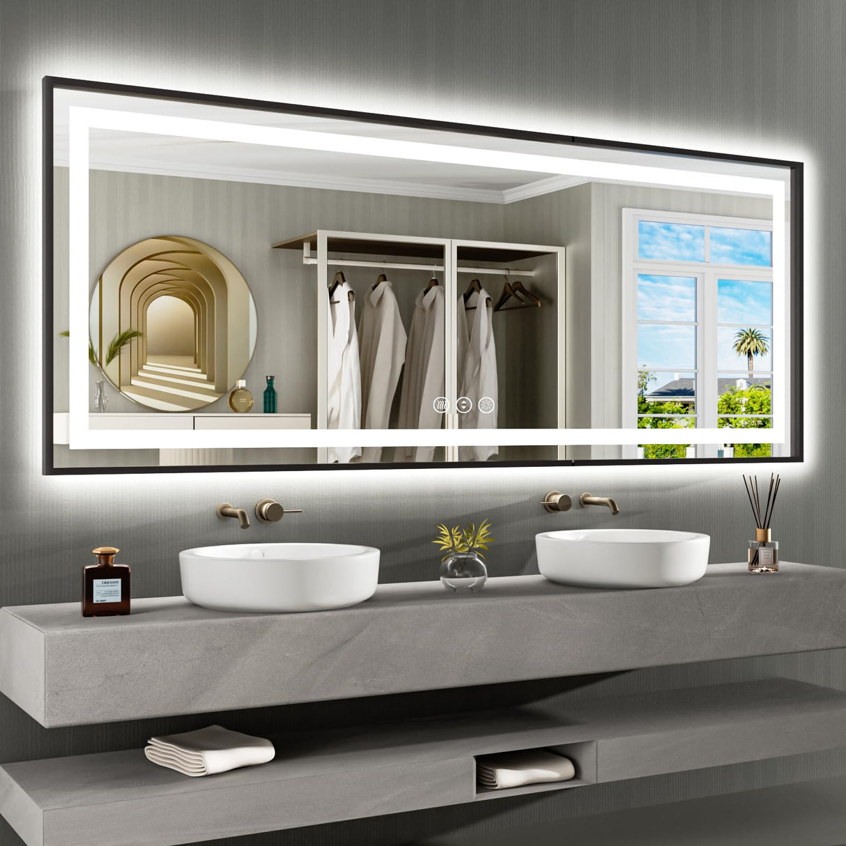 84"x 32" LED Bathroom Mirror Framed, Front Light and Backlit, Stepless Dimmable