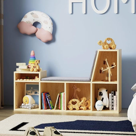 Kids Reading Nook with Bench, Toddler Bookcase with 6 Cubby and Seat Cushion