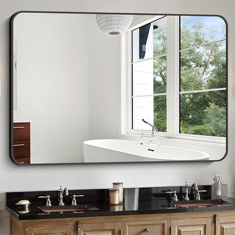 Bathroom Mirror, 30x50 inch Large Rectangle Mirror, Black Metal Framed