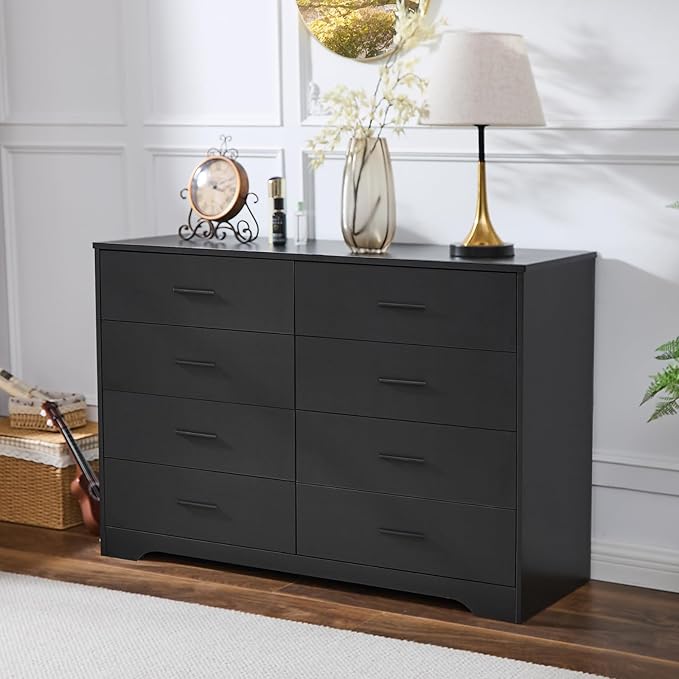 Black Dresser for Bedroom Wooden, 8 Drawer Dressers & Chests of Drawers, Modern Wood Tall Dresser, 48 Inches Wide Chest of Drawers for Bedroom, Hallway, Living Room