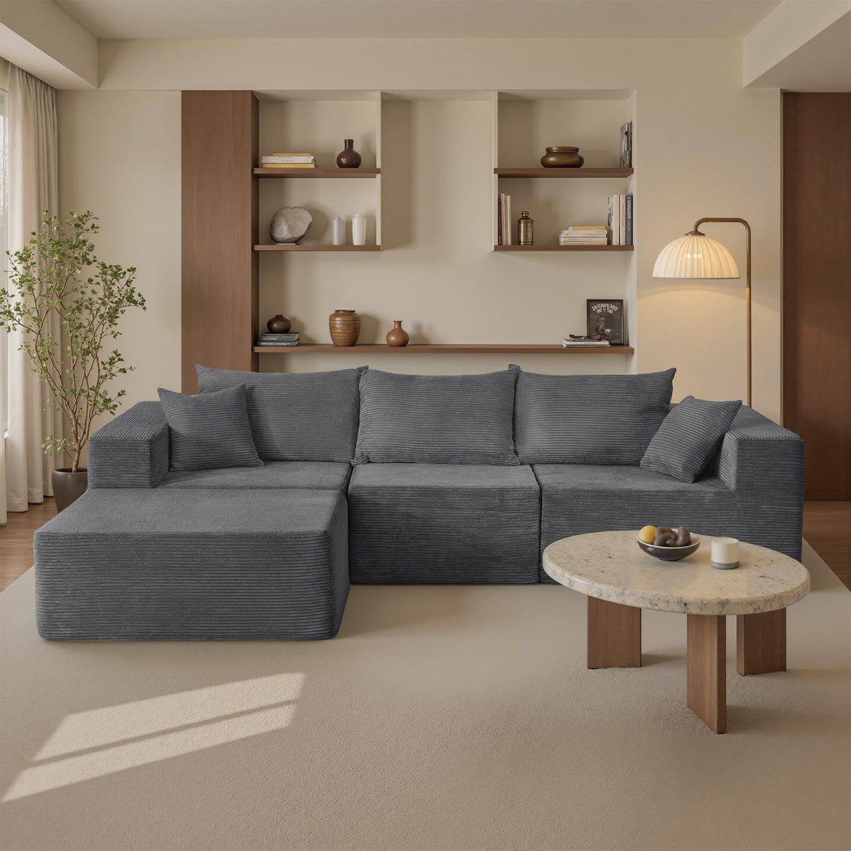 109" Modular Gray Corduroy Sofa with Side Pocket – Space-Saving Sectional Couch