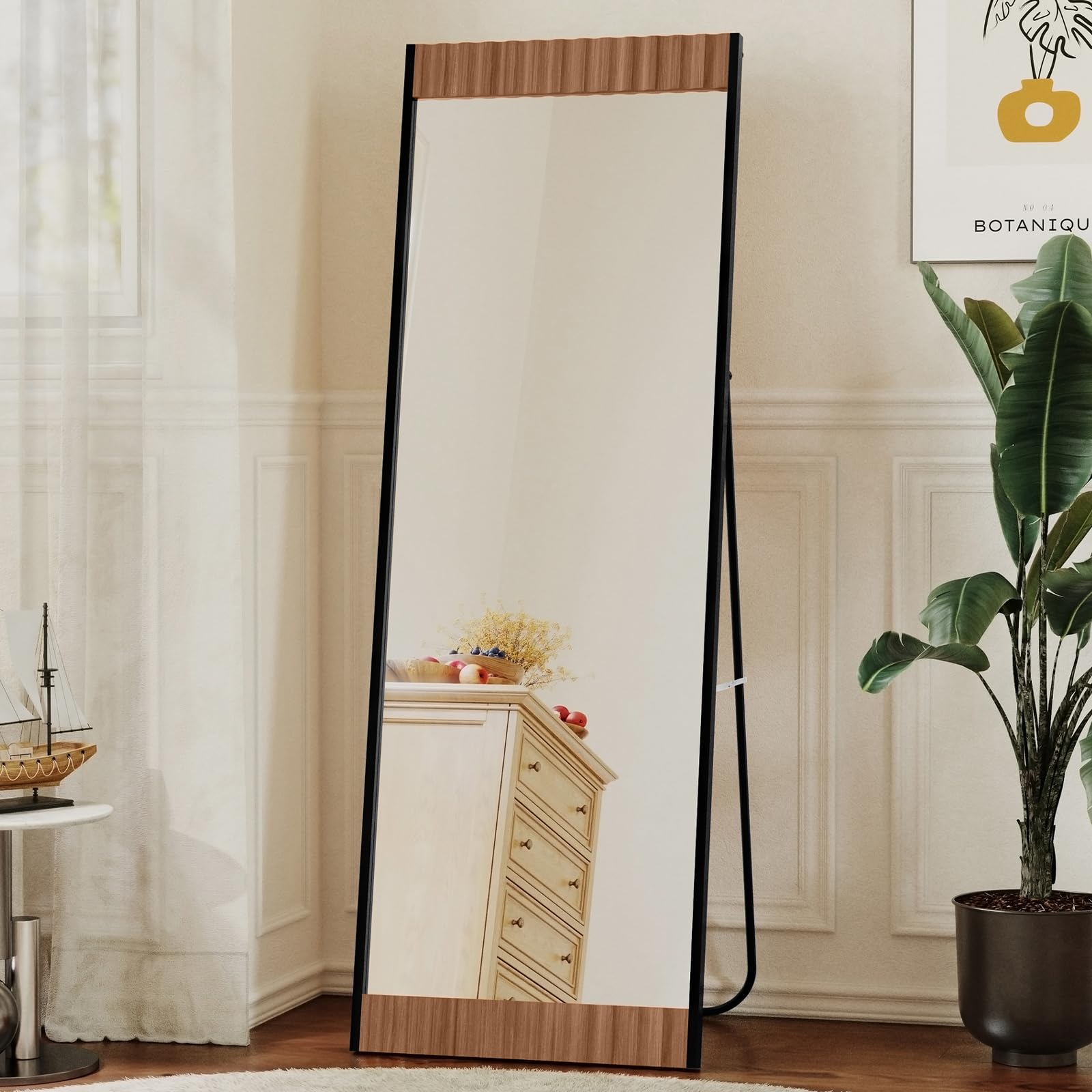 Wood Full Length Mirror with Stand, Large Wall Mirror Full Length Fluted Texture