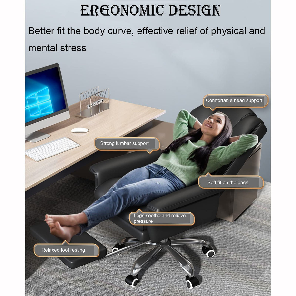 Office Chair, sedentary Comfortable Latex Cushion + 360 ° Rotation + footrest, liftable