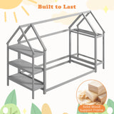 Twin Floor Bed, Wood Montessori Floor Bed with Detachable 3 Tier Storage Bookshelf & Clothes Rack