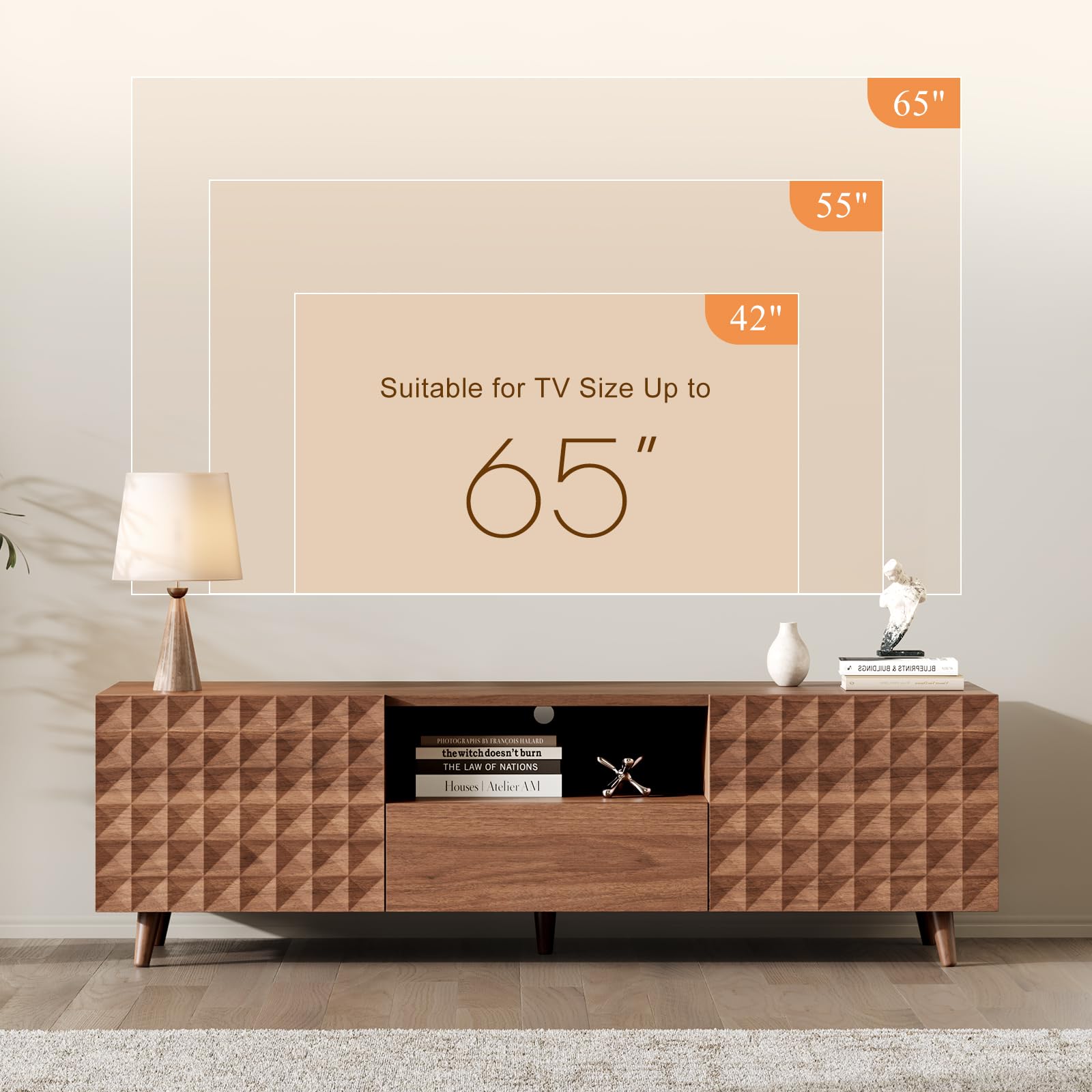 65 Inch TV Stand with Diamond Panel - Modern Entertainment Center