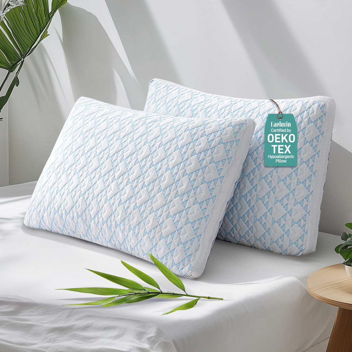 Caelorin Shredded Memory Foam Cooling Soft Bamboo Viscose Pillows Queen Size Set of 2, Adjustable Hypoallergenic Hotel Quality Bed Pillows for Side, Stomach and Back Sleeper, Oeko-TEX Certified