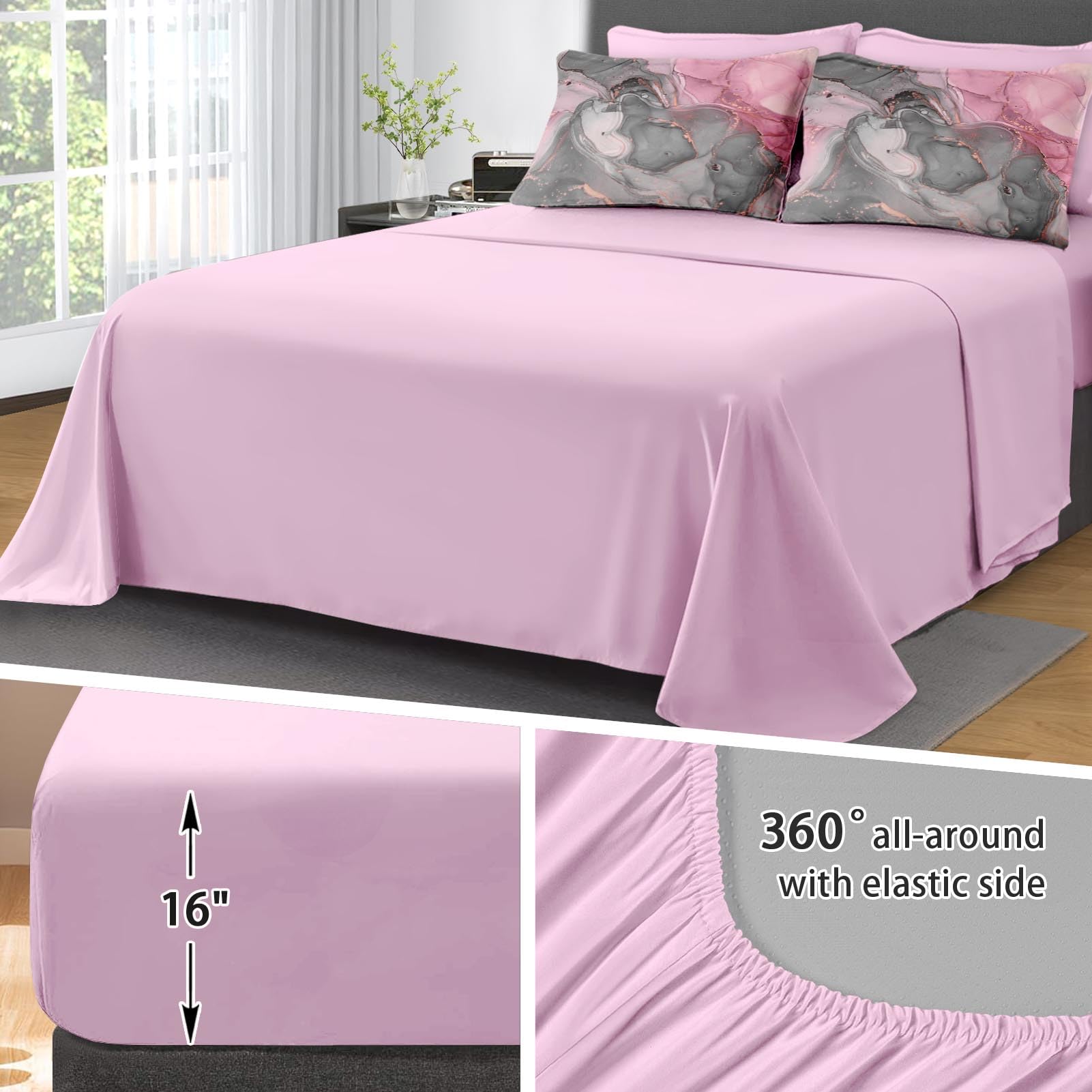 Gray Pink Marble Comforter Set Queen - 7 Piece Luxury Bedding