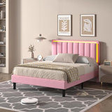 Queen Bed Frame with LED Lights, Upholstered Bed Frame Queen with Headboard