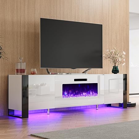 Fireplace TV Stand with 40" Fireplace, 80" Modern High Gloss Entertainment Center LED