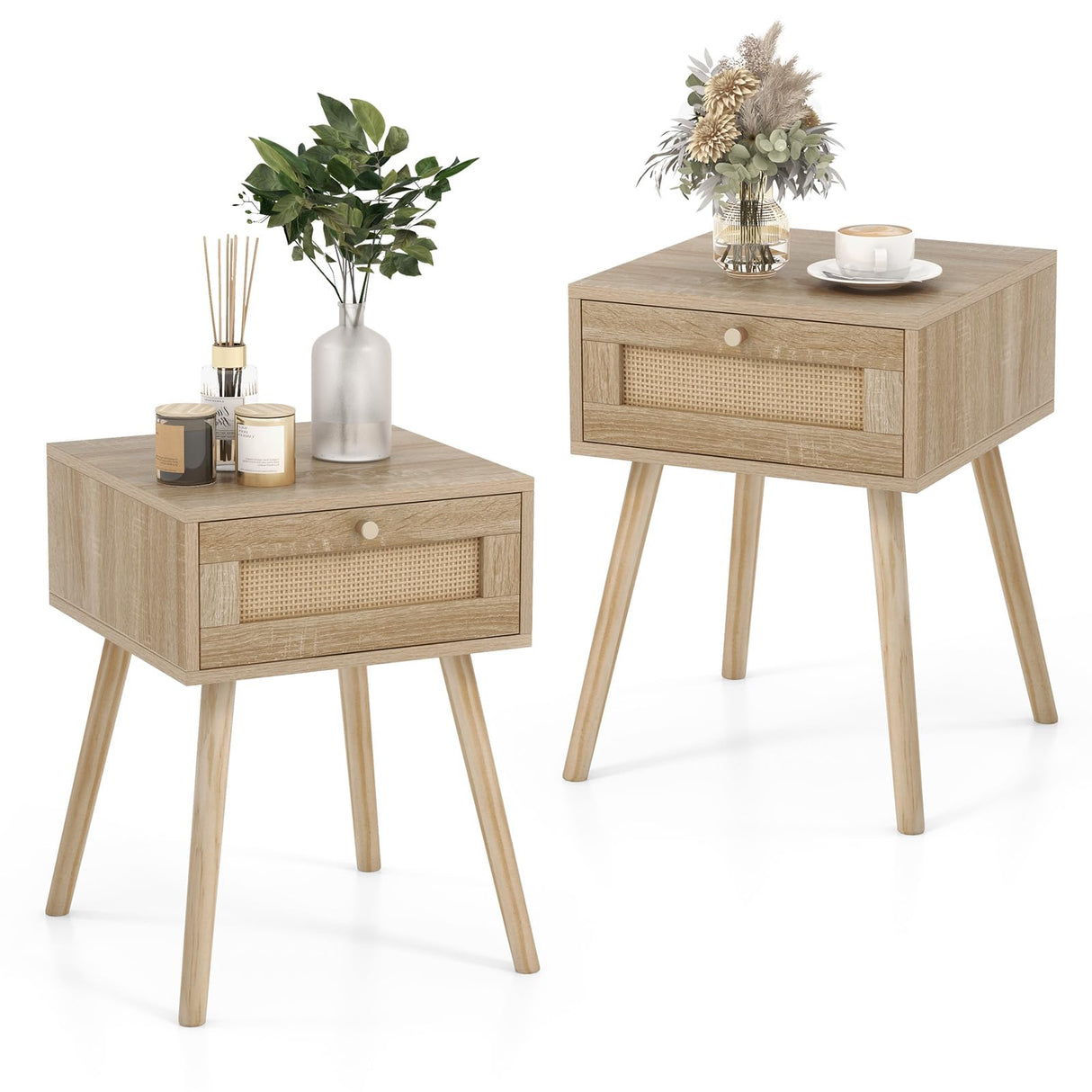 Boho Rattan Nightstand Set of 2, Mid Century Wood Night Stands with Rattan Weaving