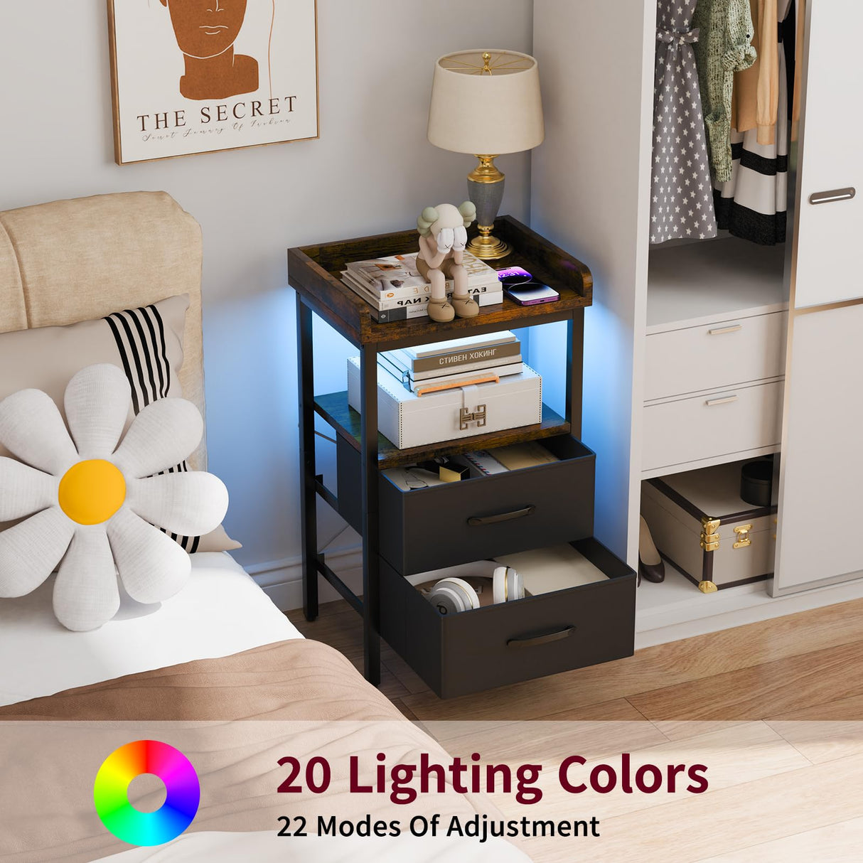 LED nightstand with Charging Station Bedside Table with Drawers USB Side Tables