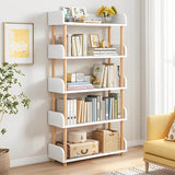 OSCHF 5-Tier Wooden Open Bookcase - Modern Display Bookshelf with Side Panels and Solid Wood Frame for Home and Office, Shelf Unit in Warm White