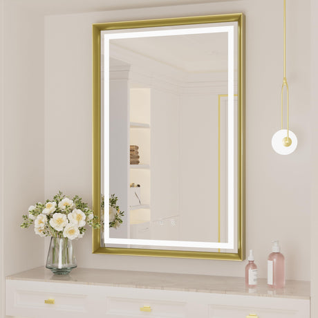 24x36 Inch LED Mirror for Bathroom,Gold Framed Bathroom Mirror with LED Lights