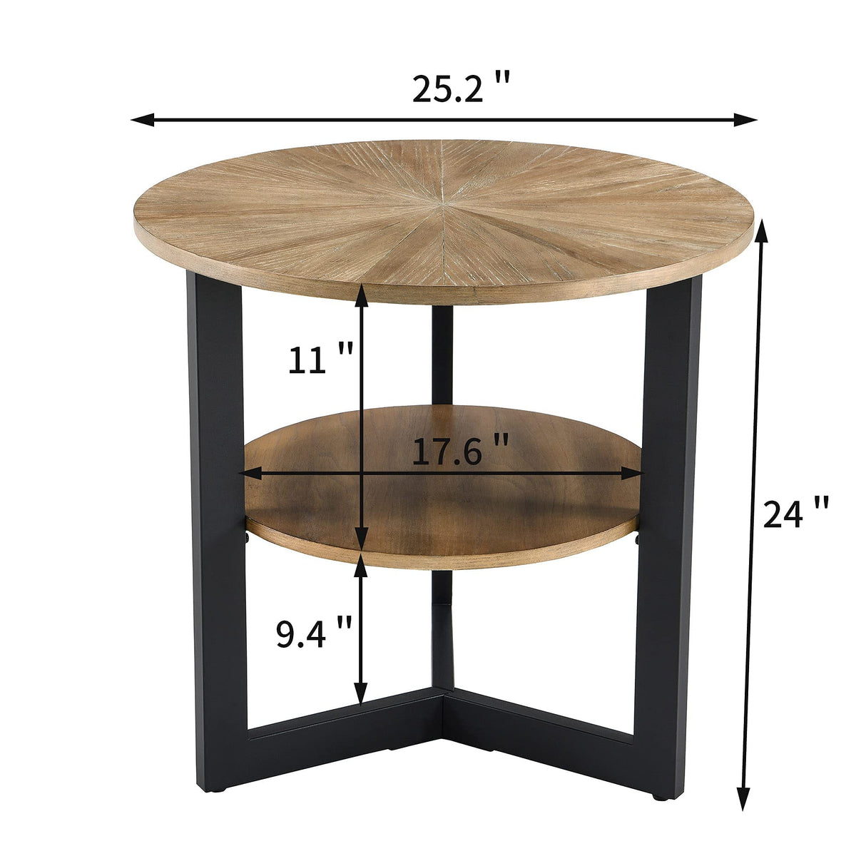 Round Large End Table with 2 tire Storage Shelf, 25.2” Solid Wood Sofa Side Table