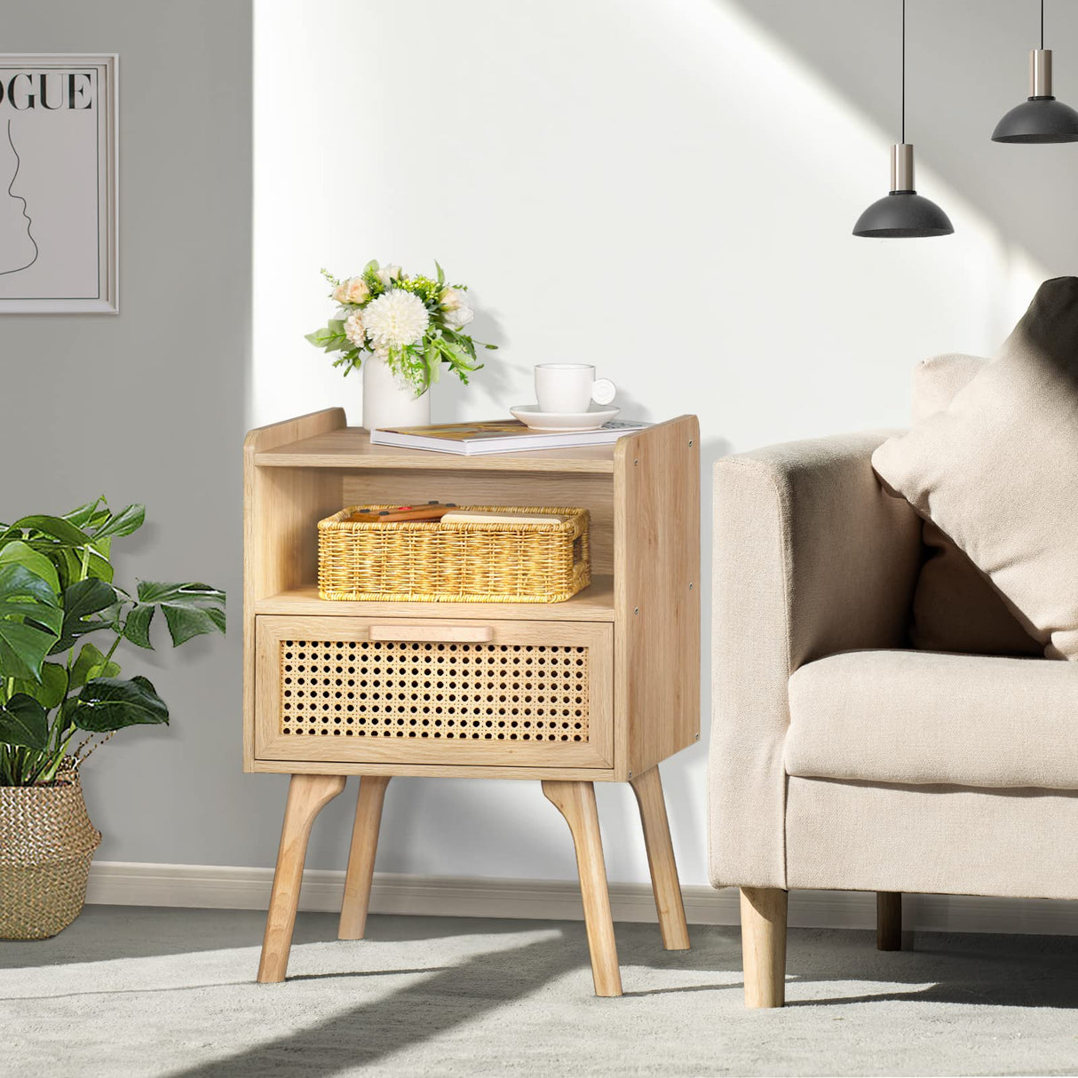 Rattan Nightstand, Boho Side Table with Drawer Open Shelf, Cane Accent Bedside End Table with Solid