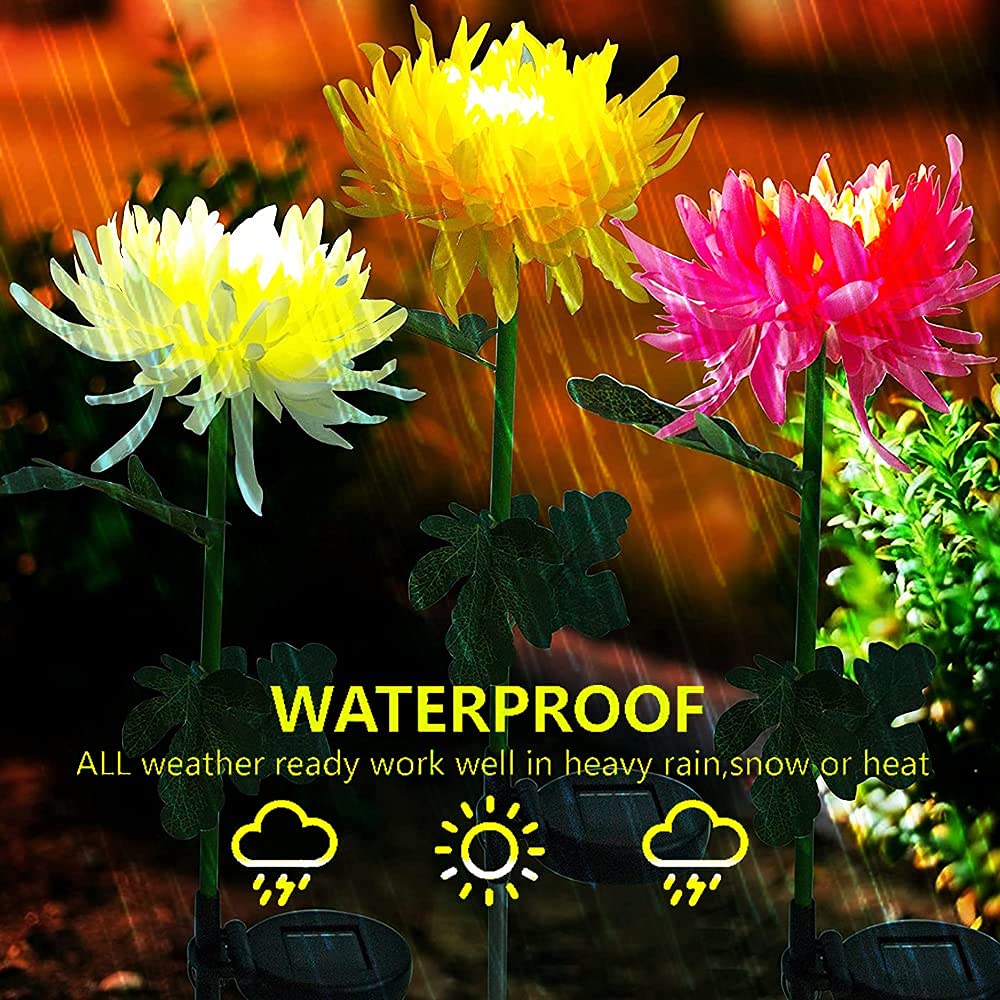 Outdoor Solar Garden Stake Lights, 3 Pack Chrysanthemum Flower
