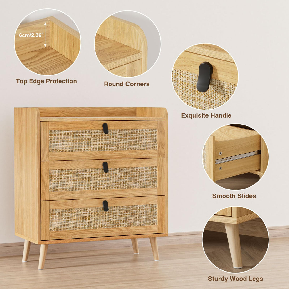 3 Drawer Rattan Dresser for Bedroom, Chest of Drawer, 3 Drawer Dresser