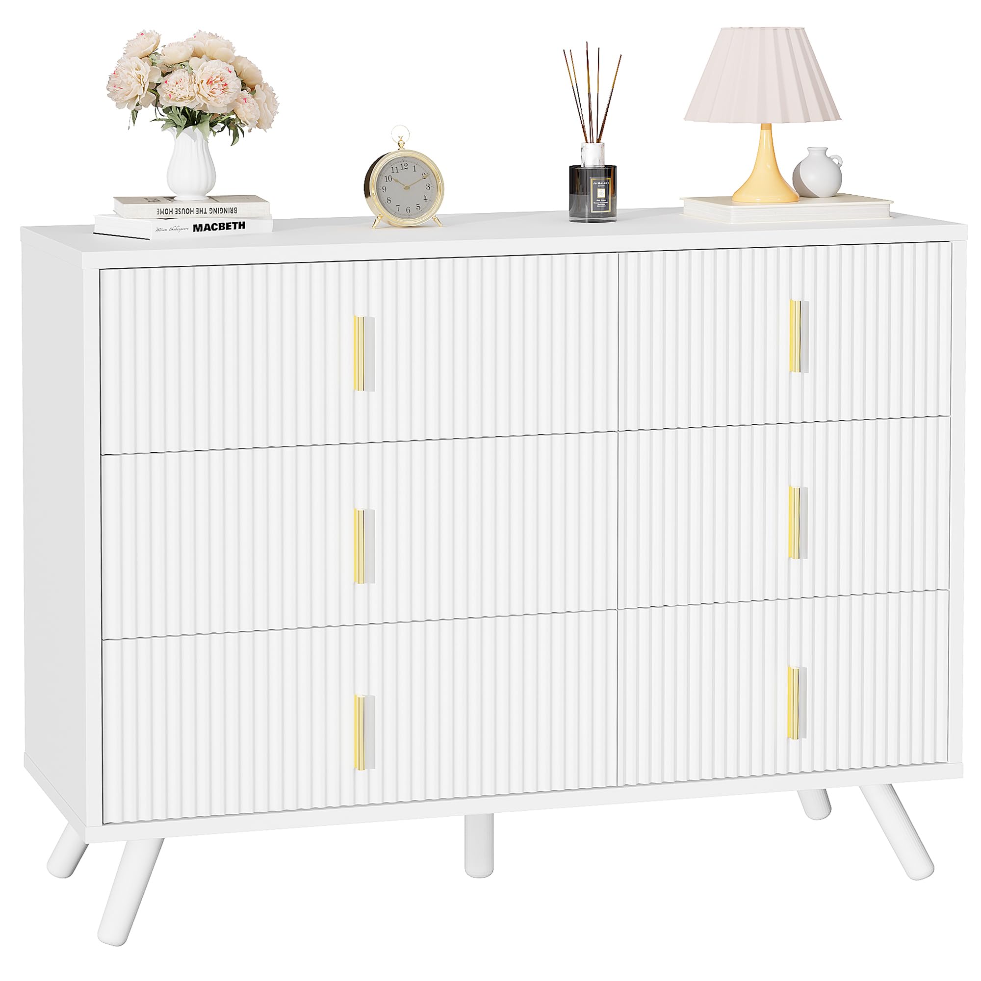 White Dresser for Bedroom, 6 Drawer Dresser Chests of Drawers with Waveform Fluted Panel