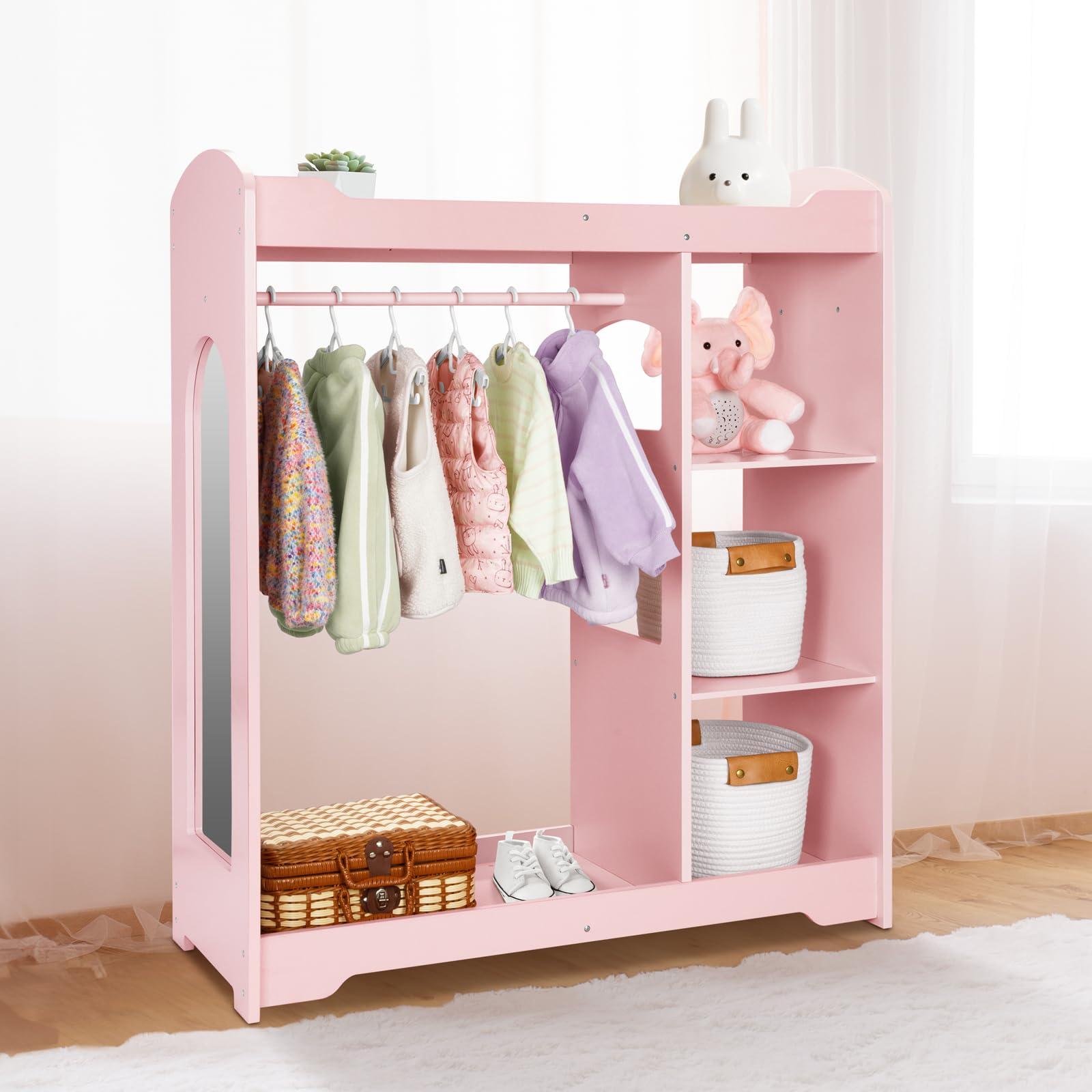 Kids Clothing Rack and Armoire with Mirror, Appropriate Height Kids Dress up Storage