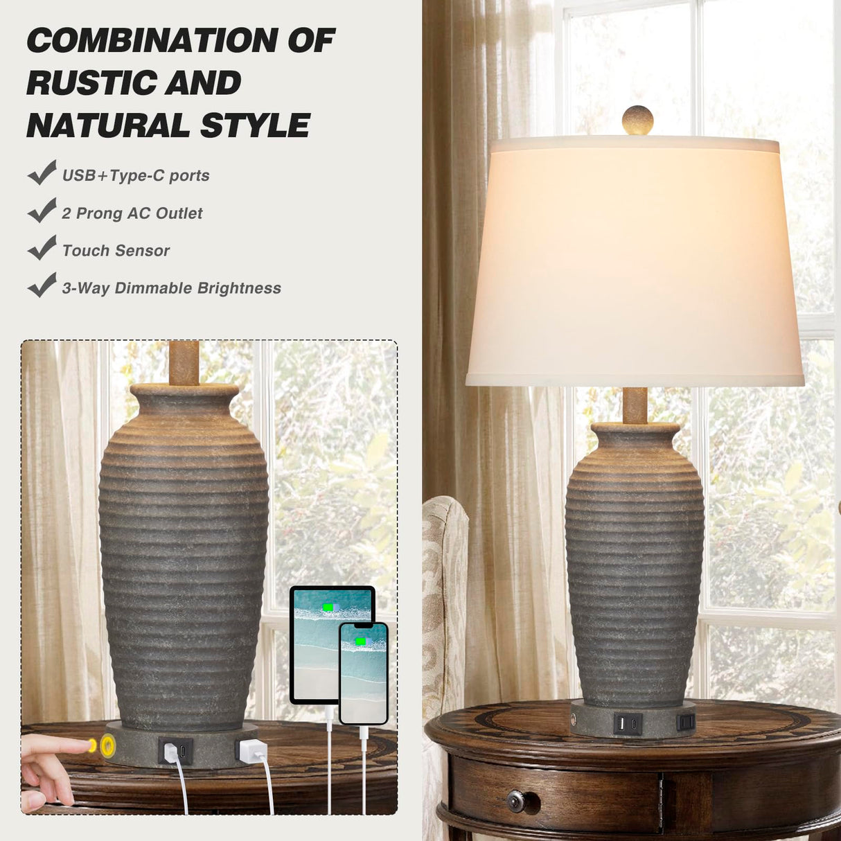 25" Farmhouse Jar Table Lamps Set of 2, 3 Way Touch Control Rustic