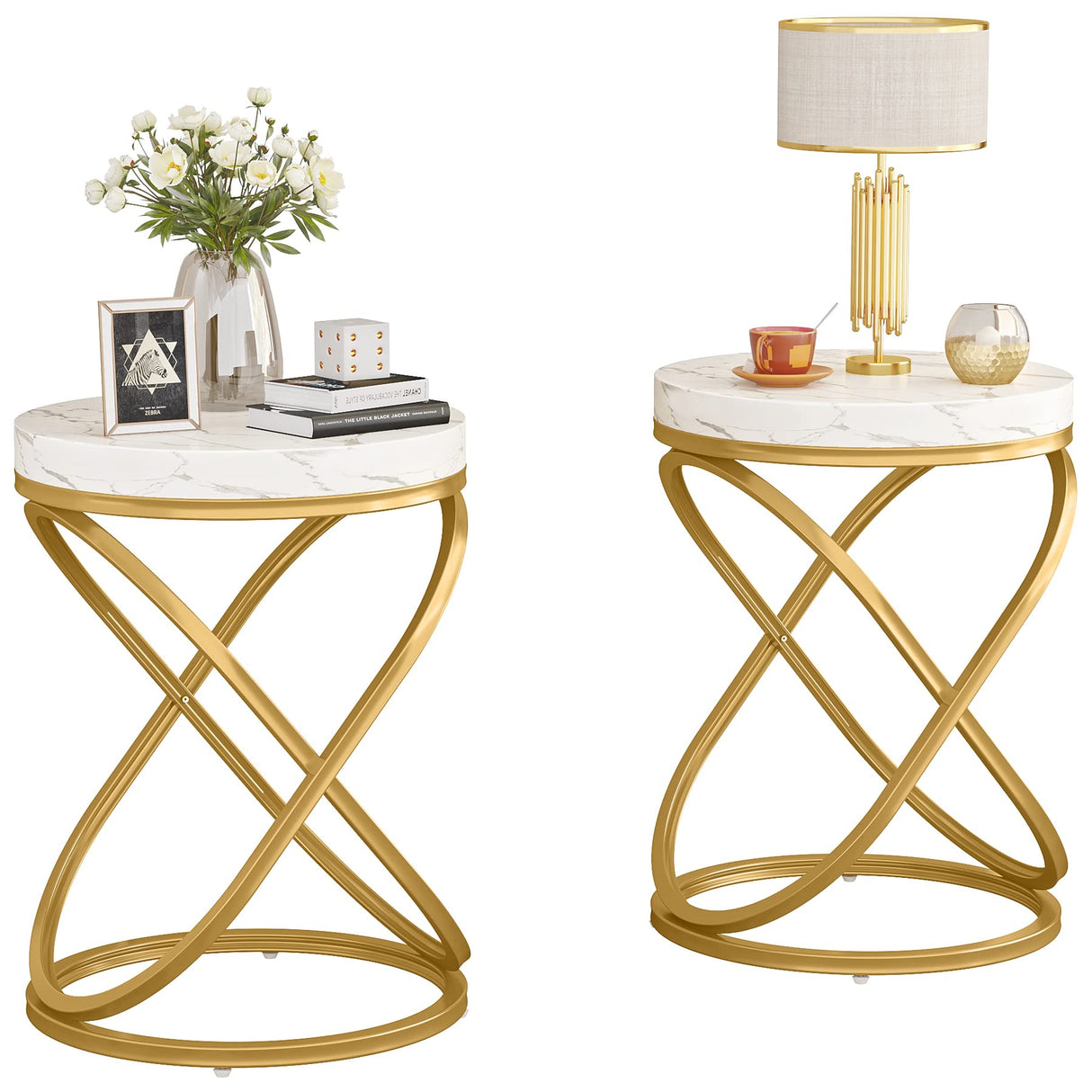 26 Inches White and Gold Faux Marble Top End Tables Living Room Set of 2