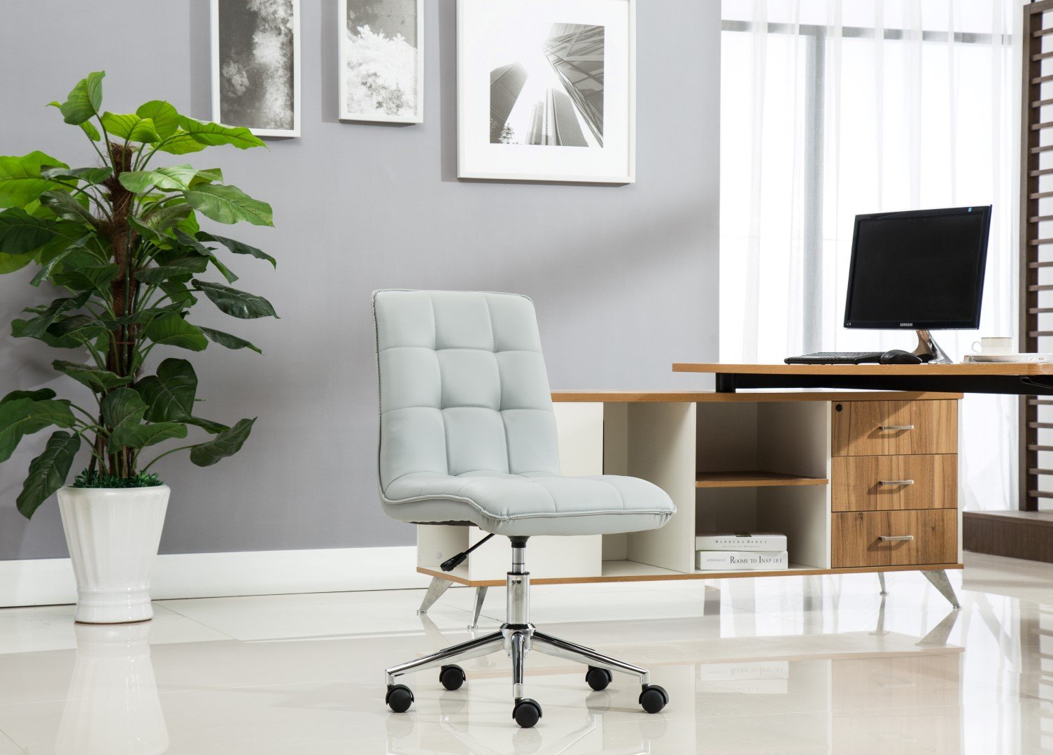 Porthos Home Leona Office Chair, Faux Leather Upholstery, Height Adjustable, 360-degree Swivel, Sleek Armless Design, Sturdy Steel Base with Caster Wheels, Great for Home Studio and Office